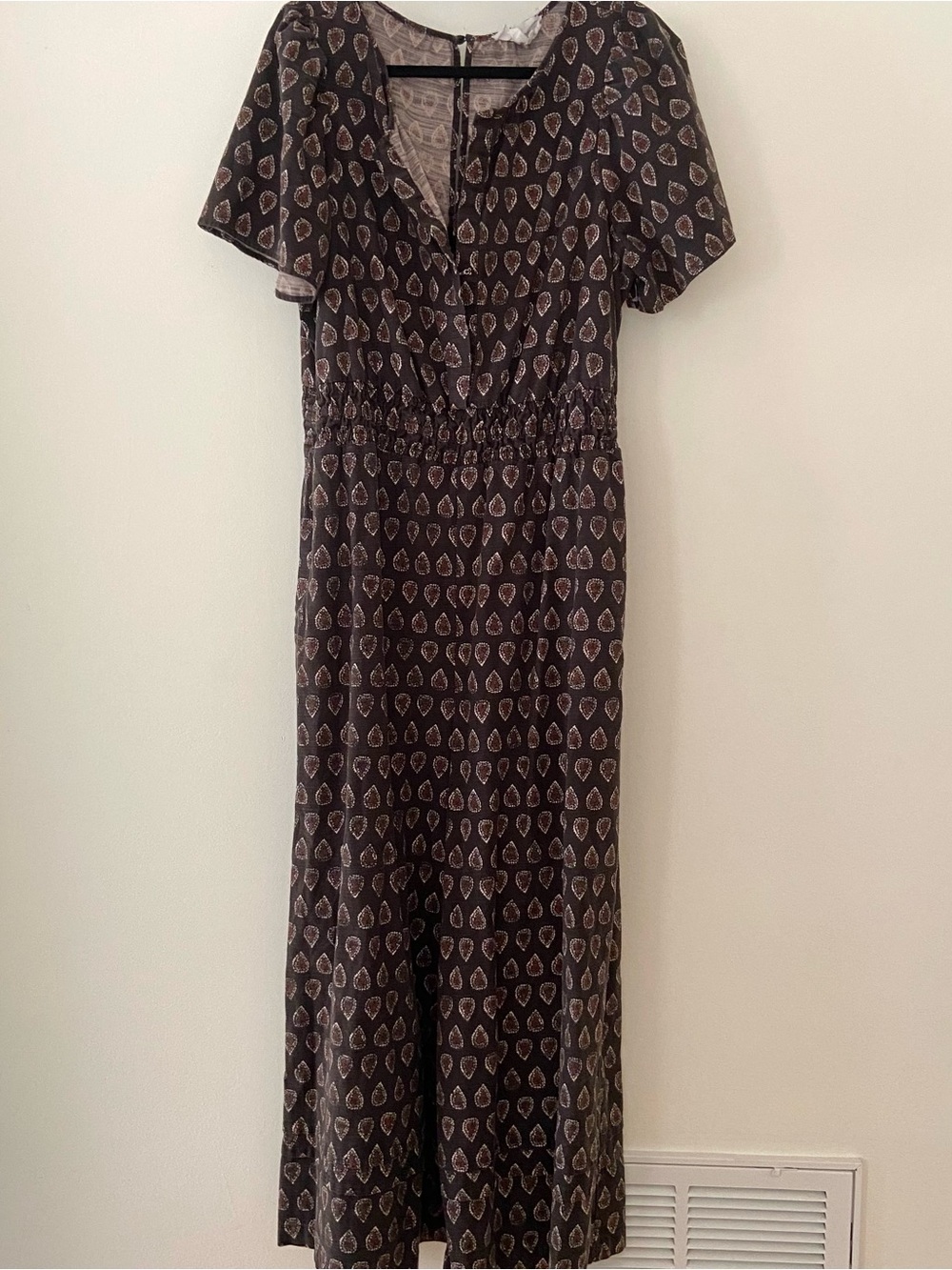 Anthropologie Somerset Jumpsuit Black Block Print Wide Leg Size L Boho Hippie